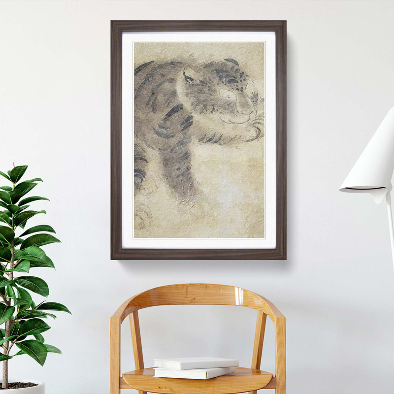 Tiger Licking its Paw by Tawaraya Sotatsu - Picture Frame Painting Print, 65cm H x 48cm W x 2cm D, Walnut Framed
