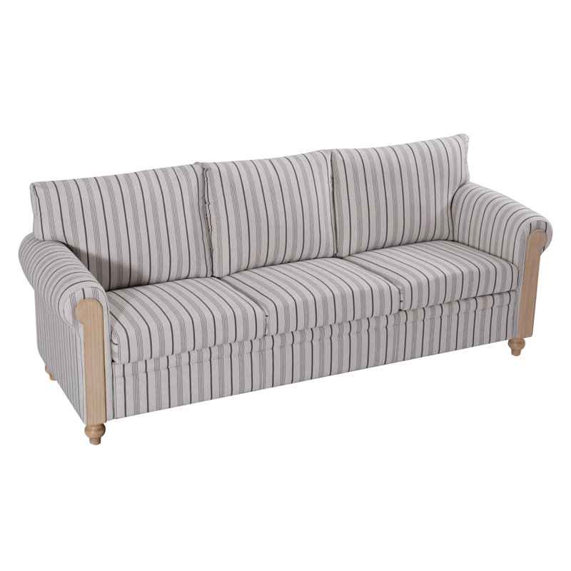 Canapé 3 places, mélange de polyester à rayures bleues et blanches avec accoudoirs roulés - Mobilier de salon confortable avec coussins de siège amovibles