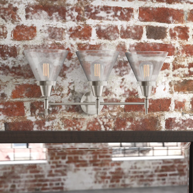 Caden Cone - 3 Light 26" Bath Vanity Light, Clear, Satin Brass, 4 Watt Vintage LED Bulb