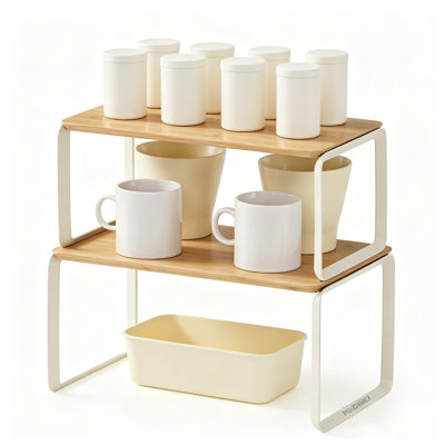 Set of 2 Stackable Expandable Metal & Bamboo Cabinet Shelving Rack