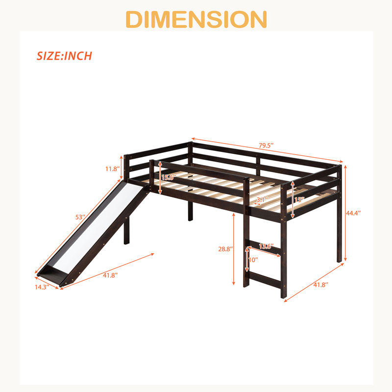 Lit mezzanine avec glissade, conception multifonctionnelle, lit simple, Espresso