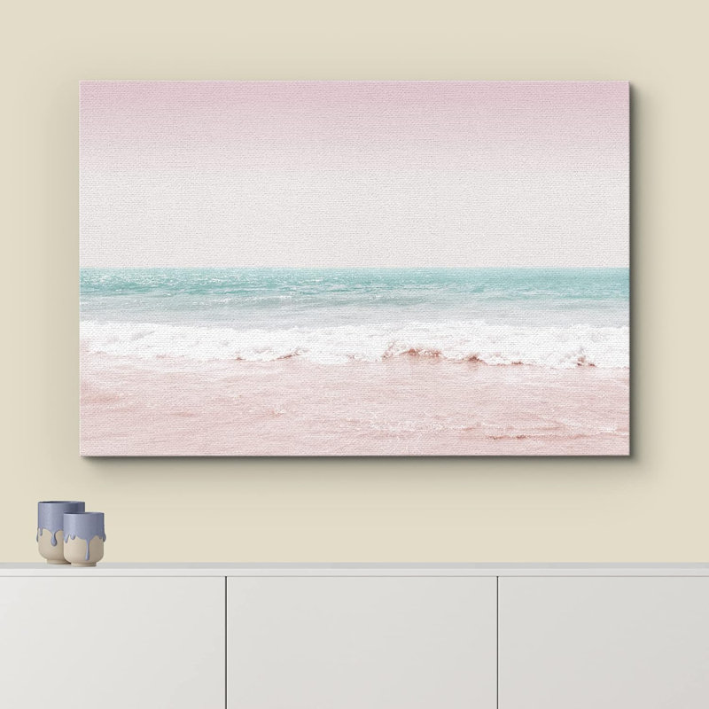 Plage côtière, rose, bleu sarcelle, vagues de l'océan, nature, paysage, illustrations, moderne, rustique, H 24 po x l 36 po