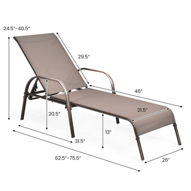 2 Pieces Outdoor Patio Lounge Chair Chaise Fabric With Adjustable Reclining Armrest, Brown