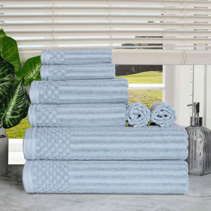 Ruvins Cotton Highly Absorbent 8-Piece Solid and Checkered Border Towel Set, Slate Blue