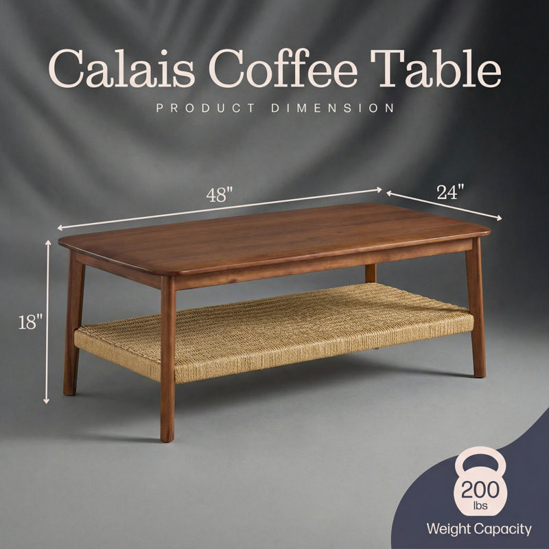 Calais 48" W Solid Wood Coffee Table with Woven Shelf