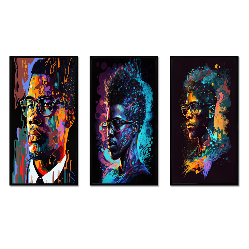 «Malcolm X Illustration», 3 pièces sur toile, H 28 po x l 36 po, Cadre flottant noir