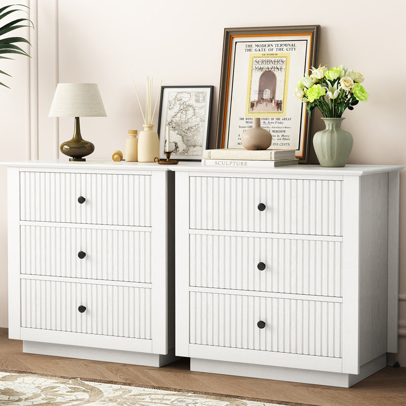 24" W x 26" H Modern Wood Fluted Front 3-Drawer Nightstand with Built-in Outlets (Set of 2), White, Set of 2