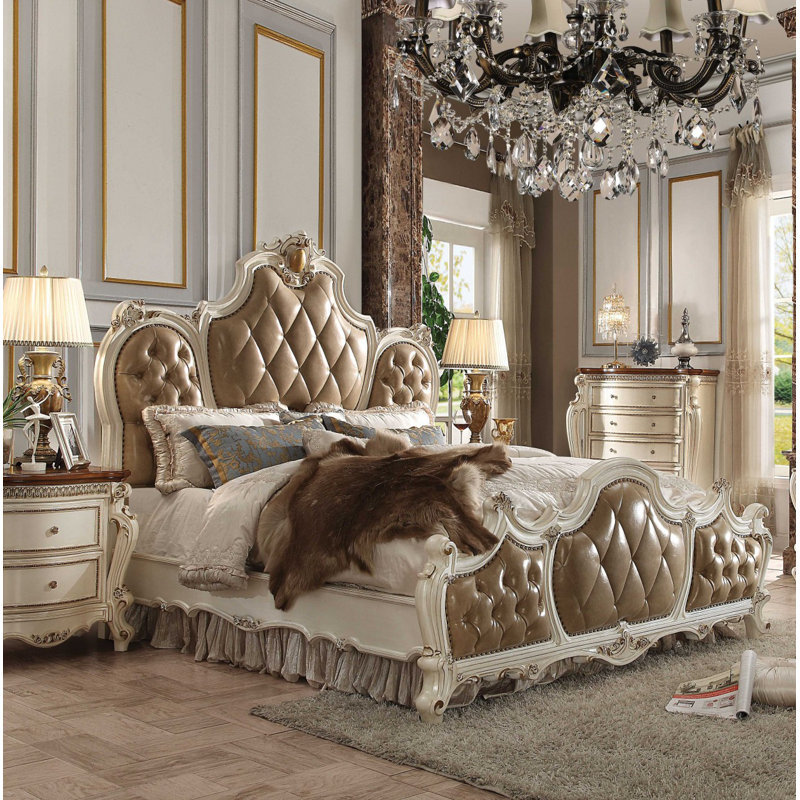 Queen Wood Frame Upholstered Bed with Tufted Headboard and Nailhead Trim