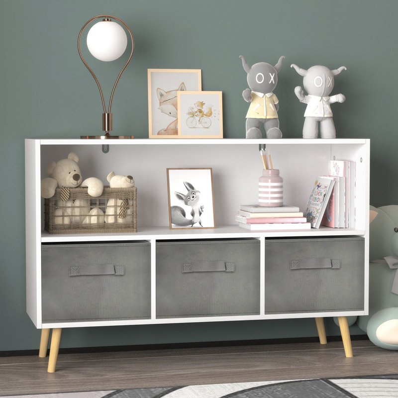 Bibliothèque pour enfants avec tiroirs pliables en tissu Boîte à jouets, Blanc / gris