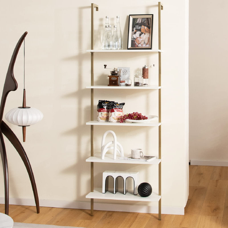 Meachum 180cm H x 60cm W Iron Ladder Bookcase, White/Gold