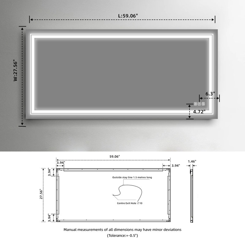 Bathroom LED Mirror Anti- Fog Mirror With Button, 27.6" x 59.06"