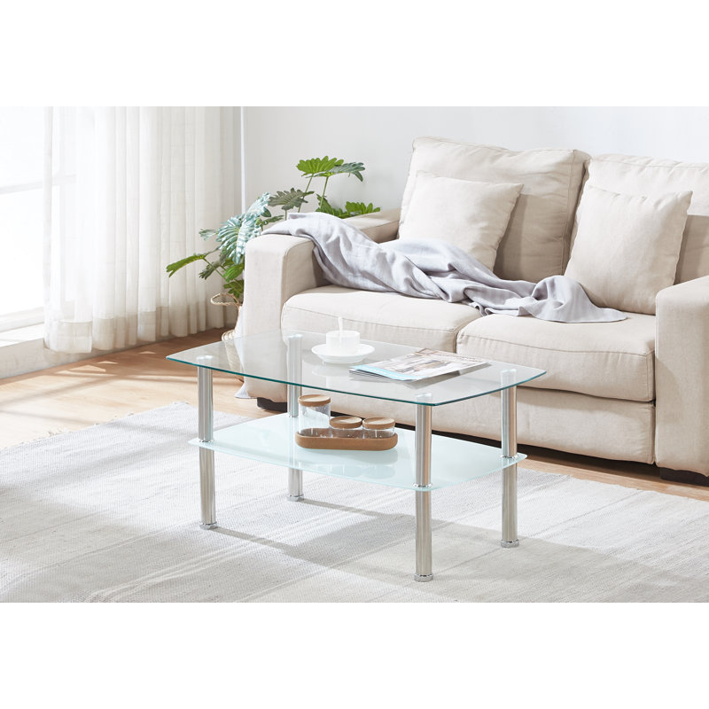 Table basse moderne en verre avec tablette de rangement, pieds en métal chromé, table de salon en verre trempé à 2 niveaux