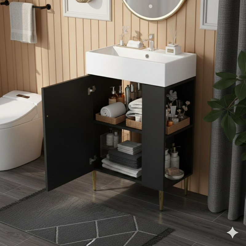 21.6-Inch Bathroom Vanity In Black, Combination Vanity And Cabinet, Bathroom Storage Unit With A Single Ceramic Basin, Storage Compartment On The Right Side