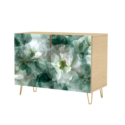 Sideboard Buffet Cabinet with Storage Elegant Green Botanical Wall Art Abstract Floral Forms with 2 Doors for Living Room and Kitchen