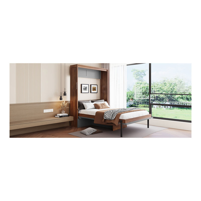 Lit escamotable double avec bureau pliable - Lit escamotable mural - Noyer et gris, Noyer / gris