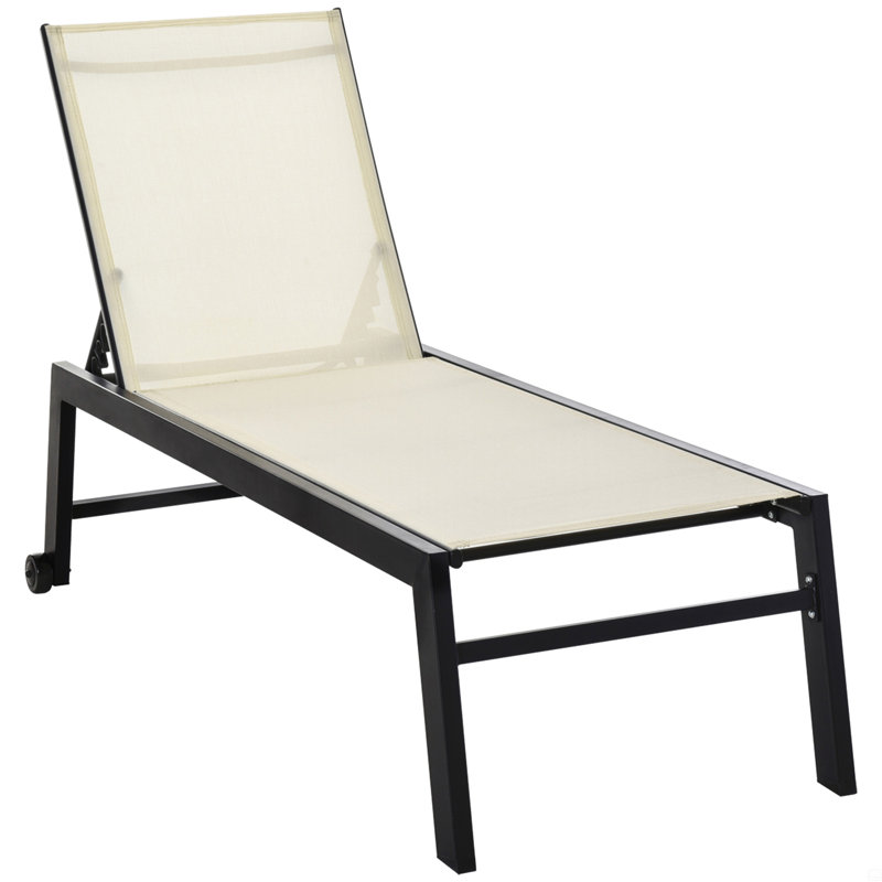 Outdoor Lounge Chair, Patio Lounger With 5-Position Reclining Backrest And 2 Wheels, White