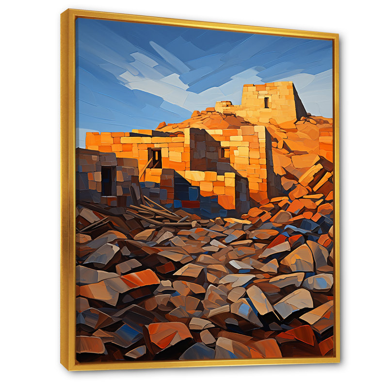 Ruines anciennes dans un paysage mexicain - Art mural mexicain, Cadre flottant doré, 20" H x 12" W