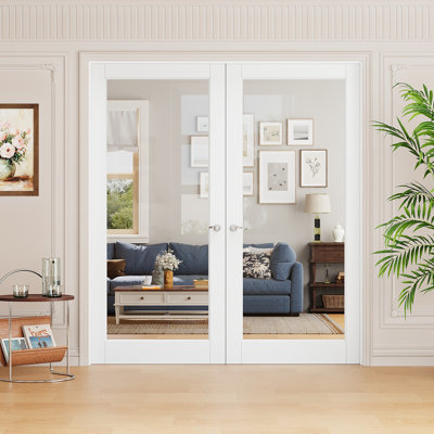 Interior Pantry French Doors Clear Glass 1-Lite Modern Solid Core Manufactured Wood Primed Double Door with Hardware / Frame