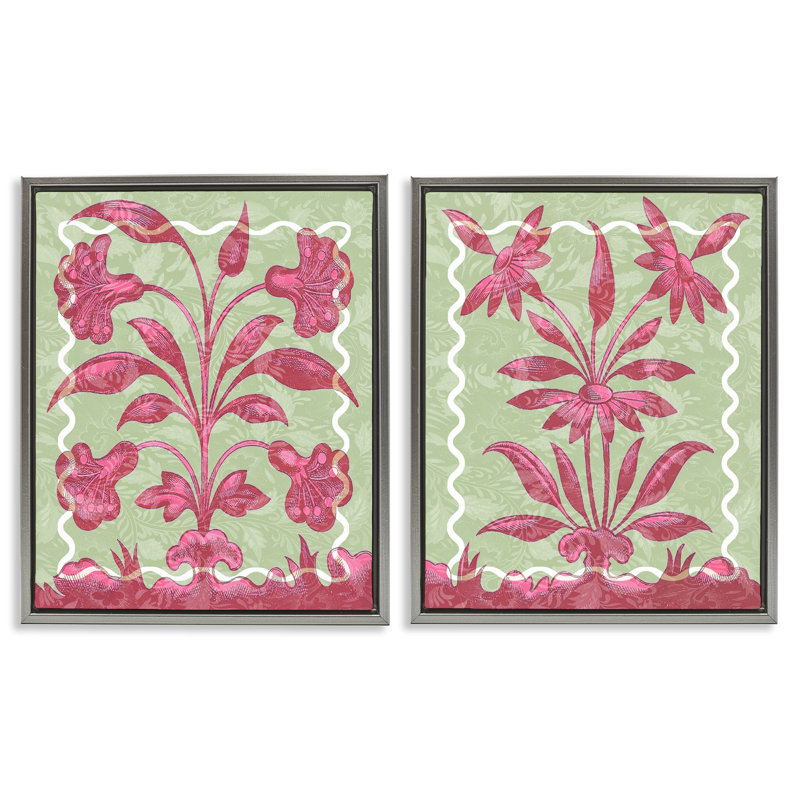 Ensemble de 2 toiles flottantes roses et vertes, par Lil 'Rue, Cadre flottant gris lustré, H 31 po x l 25 po