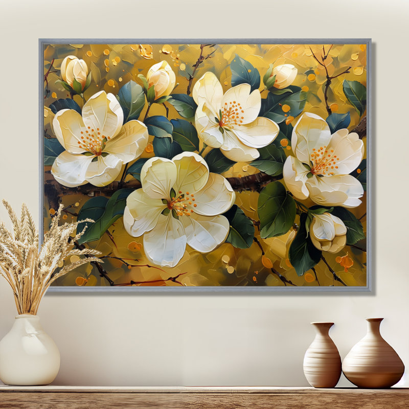 Fleur de pommier jaune en fleurs II - Art mural en fleurs, Encadrement argenté, H 16 po x l 32 po