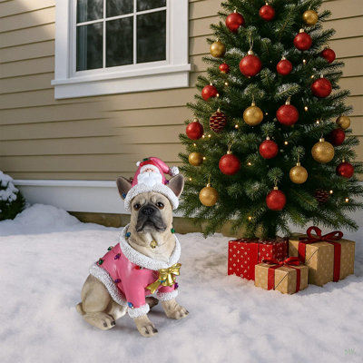 Statue de Noël bouledogue français de Noël, tenue de père Noël en tenue de père Noël rose
