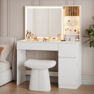 Decalt Makeup Vanity with Glass Table and Charging Station, Vanity Table with Lighted Mirror and 2 Drawers for Bedroom
