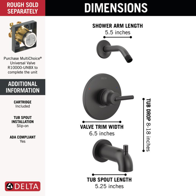 Ensemble de robinet de baignoire et douche Trinsic 14 Series, ensemble de poignées de douche noir mat, ensemble de garniture de valve, noir mat