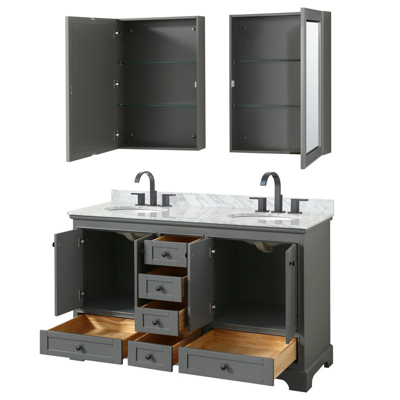 Deborah 60'' Double Bathroom Vanity with Marble Top, Dark Gray, Matte Black