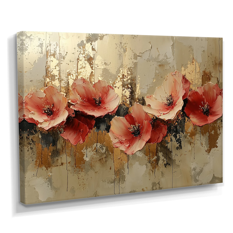 Murin, coquelicots dorés sur une rivière de marbre - coquelicots, art mural, Toile tendue, H 16 po x l 32 po