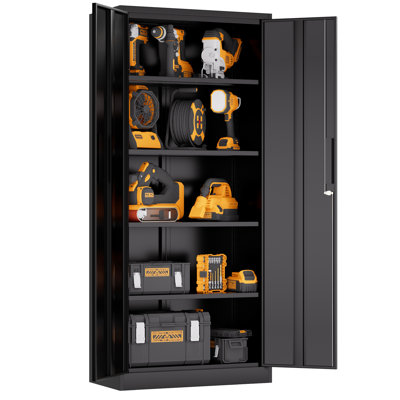 Armoire de rangement de bureau 71,85 pouces en métal avec serrure, 4 tablettes, finition noire, tablettes réglables pour les outils et les dossiers, outil de garage polyvalent pour salle de classe haute, 3 systèmes de verrouillage