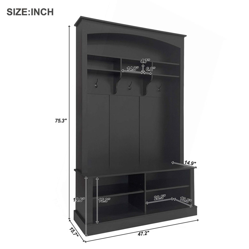 47.2'' Wide Hall Tree With Bench And Shoe Storage,Multi-Functional Storage Bench With 3 Hanging Hooks & Open Storage Space,Rectangle Storage & Shelves Coat Rack For Hallway