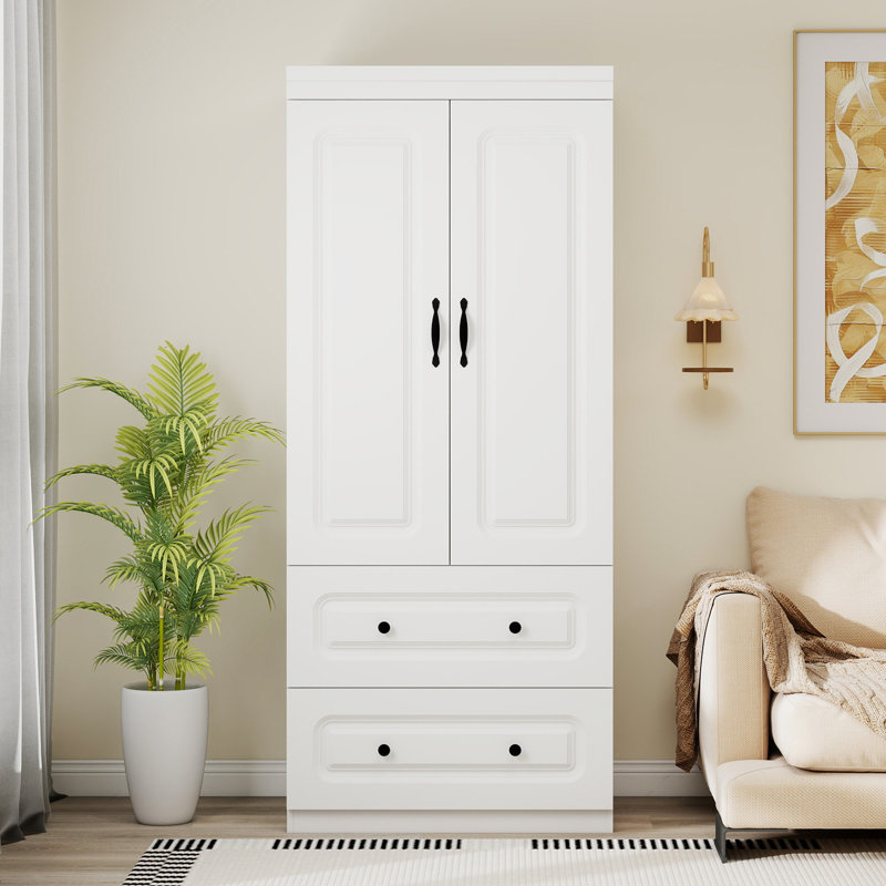 Armoire-penderie 2 portes avec 2 tiroirs et tringle blanche