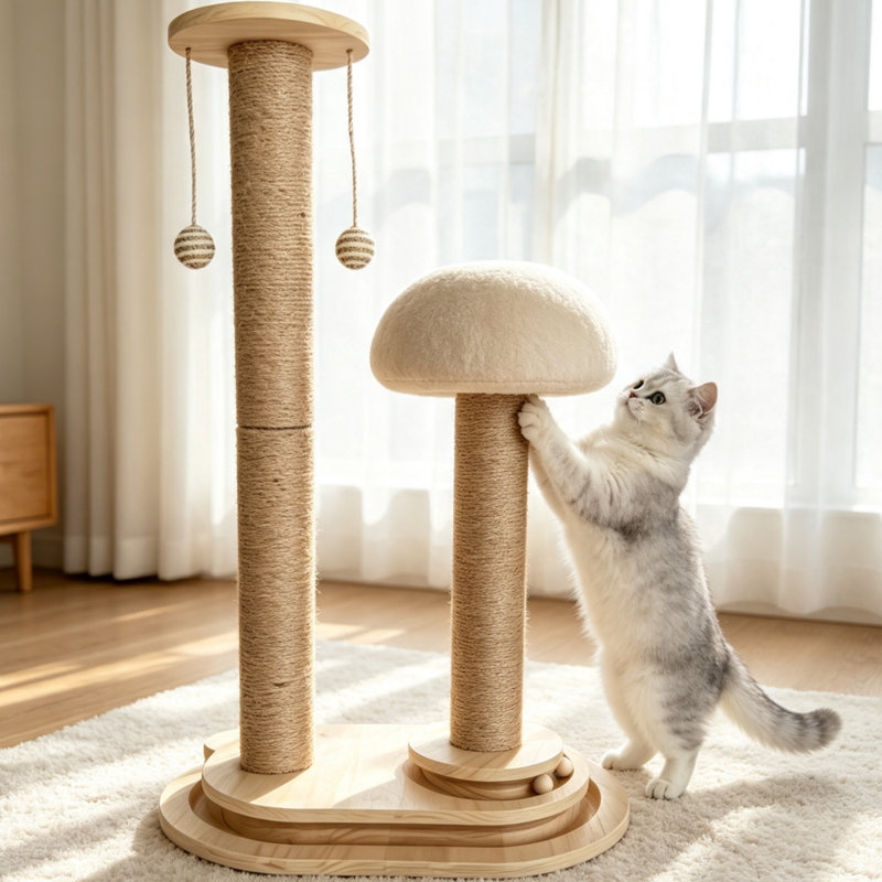 Arbre à chat en bois naturel avec poteaux à griffer en sisal, perchoir à champignon, jouets suspendus et tour d'activité à plusieurs niveaux pour chats d'intérieur