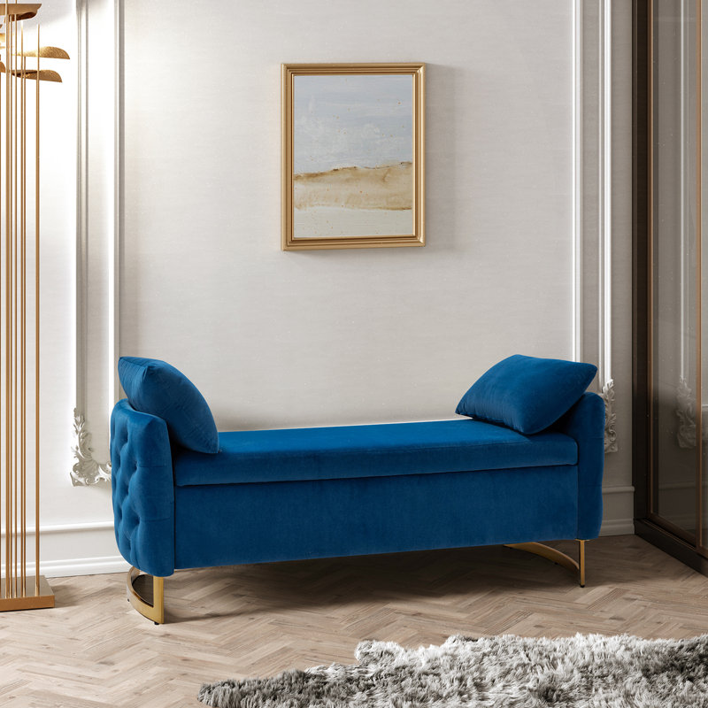 Ageet Modern Velvet Flip Top Storage Bench, Navy