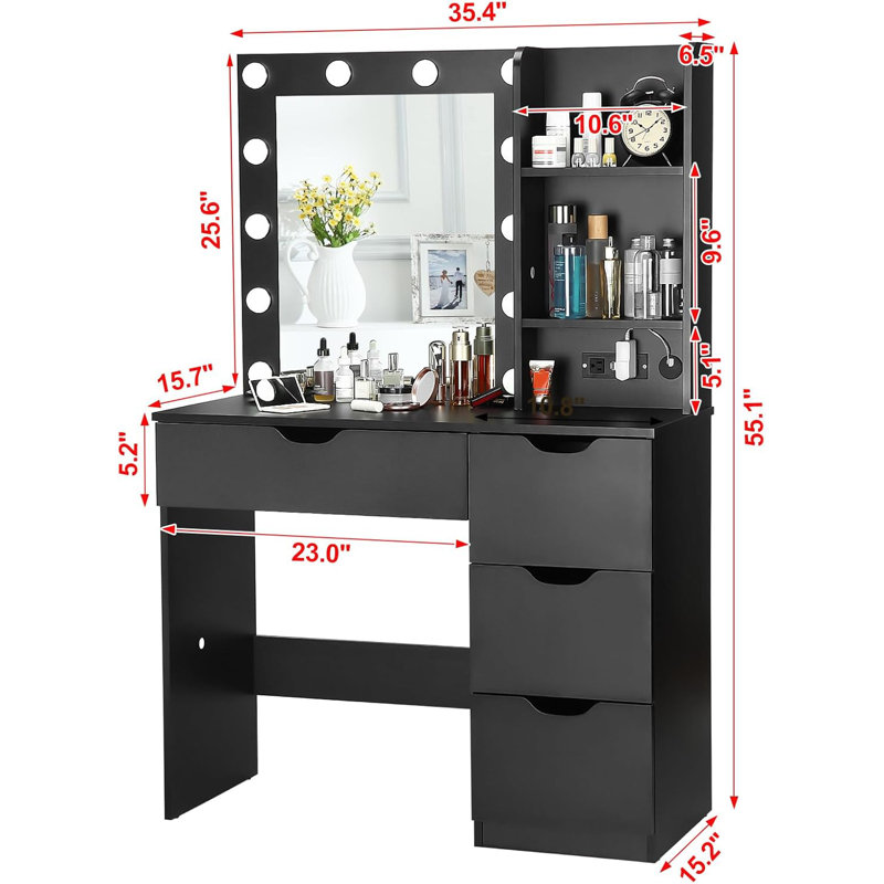 Coiffeuse de maquillage avec miroir, 12 lumières DEL et prise de courant, bureau de coiffeuse avec 4 tiroirs et 3 tablettes de rangement, 3 modes d'éclairage réglables et niveaux de luminosité pour la chambre à coucher, studio de maquillage