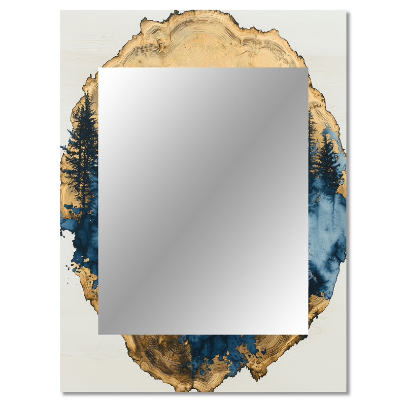 Golden Wolf In Blue Forest Landscape II - miroir décoratif loup, miroir mural bleu, impression sur métal, 40 po x 30 po