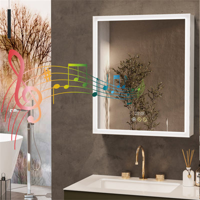 Surface Frameless LED Davaughn Mirror With 2 Adjustable Shelf & Bluetooth Speaker