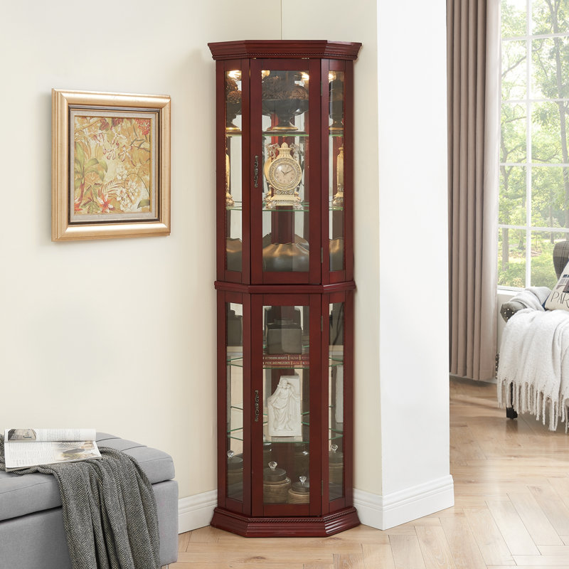 Présentoir de coin avec tablette réglable en verre, porte en verre, Cerisier, H 69,49 po x l 15,35 po x P 15,35 po, Oui