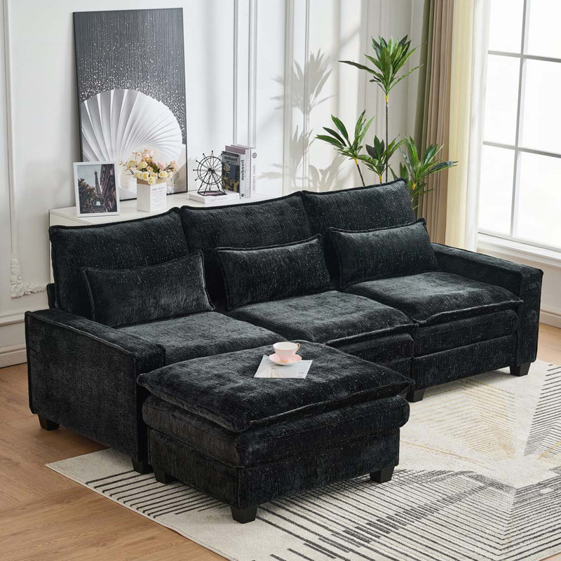Chenille 99"Deep Seat Sofa with Ottoman, Black