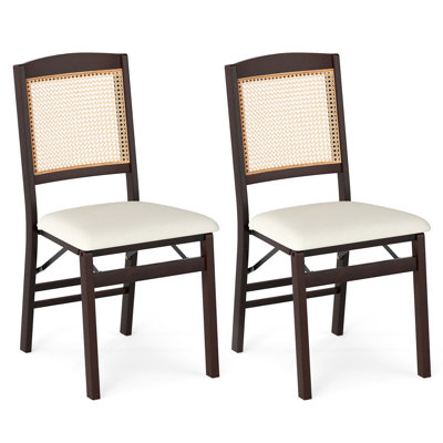  Ensemble de 2 chaises de salle à manger pliantes, structure en bois d'hévéa avec siège rembourré en lin et dossier en rotin tissé, conception peu encombrante pour la cuisine, la salle à manger et les petits espaces, café