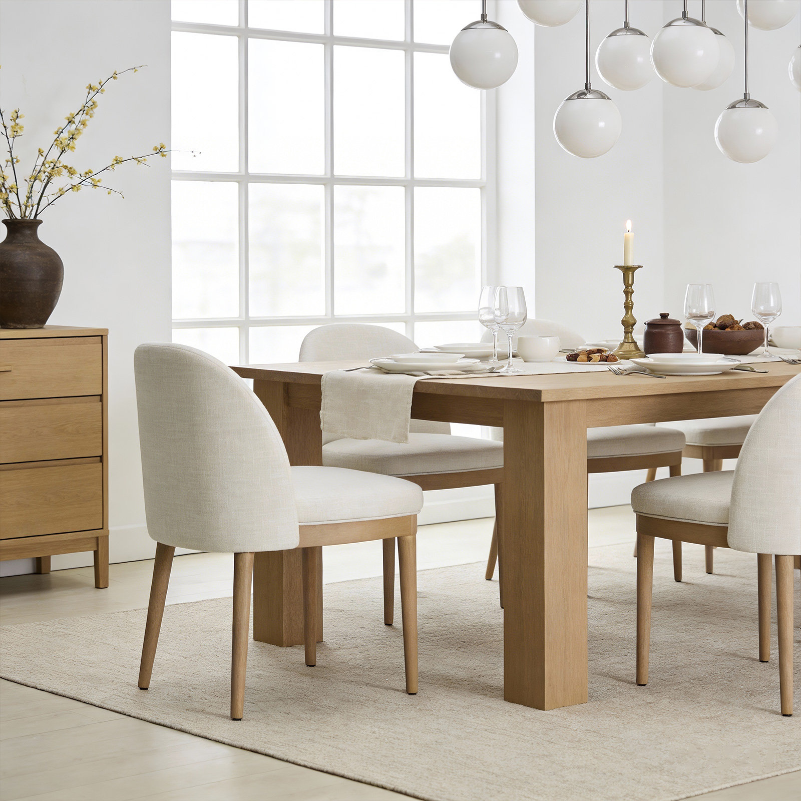 Curved Back Upholstered Dining Chair With Solid Wood Legs, Natural Wood