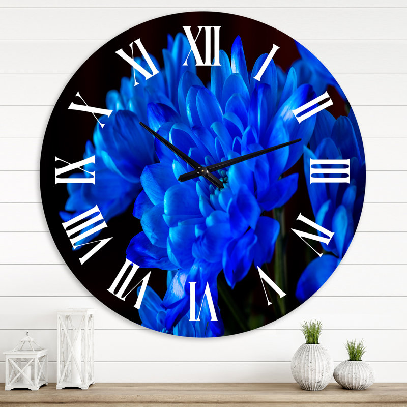 Horloge murale bleue fleurs de chrysanthème II, Grand