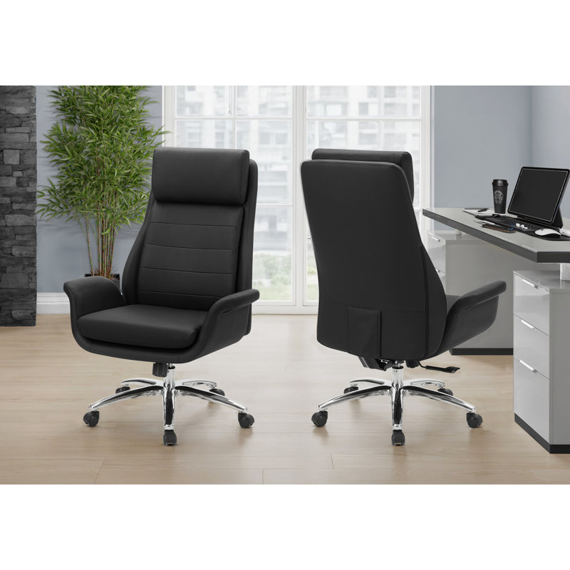 Chaise de bureau, hauteur réglable, accoudoirs, ergonomique, pivotant, bureau d'ordinateur, travail, aspect cuir noir, métal chromé, contemporain, moderne