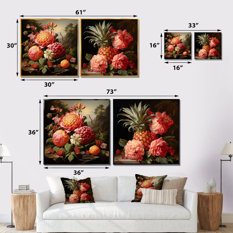 Ensemble de 2 décorations murales de la Renaissance avec fleurs et fruits I - fruits, H 36 po x l 73 po x P 1,5 po