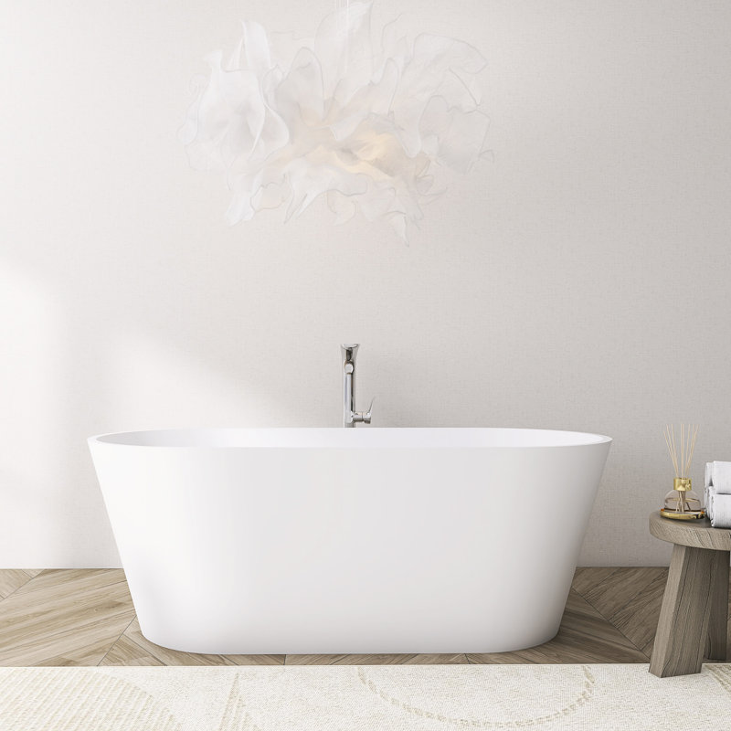 65 Inch Solid Surface Freestanding Oval Soaking Bathtub, Contemporary Style, Matte Finish For Small To Medium Hotel Bathroom Decor Bathtub With Design, Upgrades