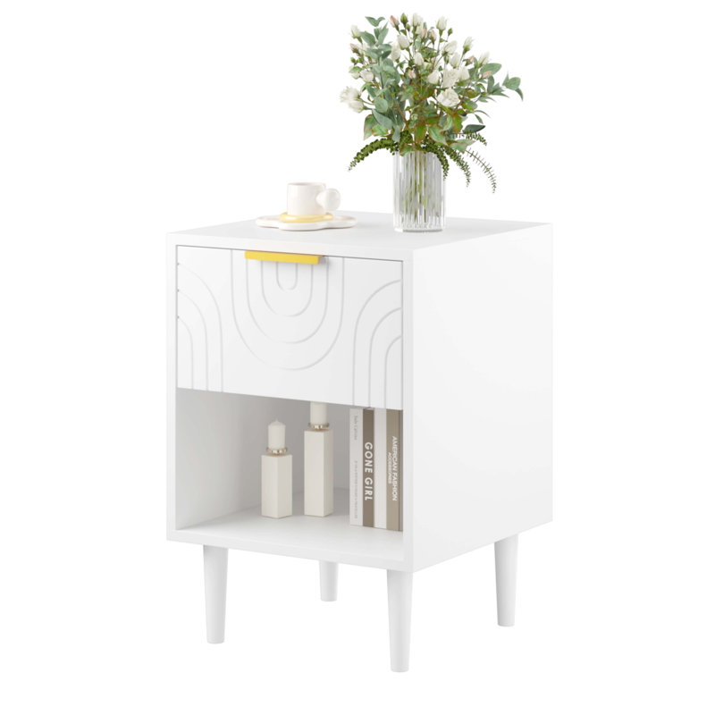 Table de chevet blanche moderne de 22,83 po de hauteur avec un tiroir et une tablette ouverte, or - poignée décorative, idéale pour la décoration de chambre à coucher