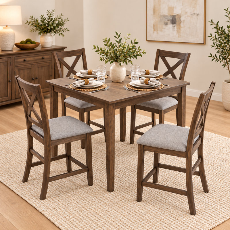 Ensemble de table de salle à manger en bois 5 pièces, ensemble de table de cuisine avec table rectangulaire et 4 chaises rembourrées