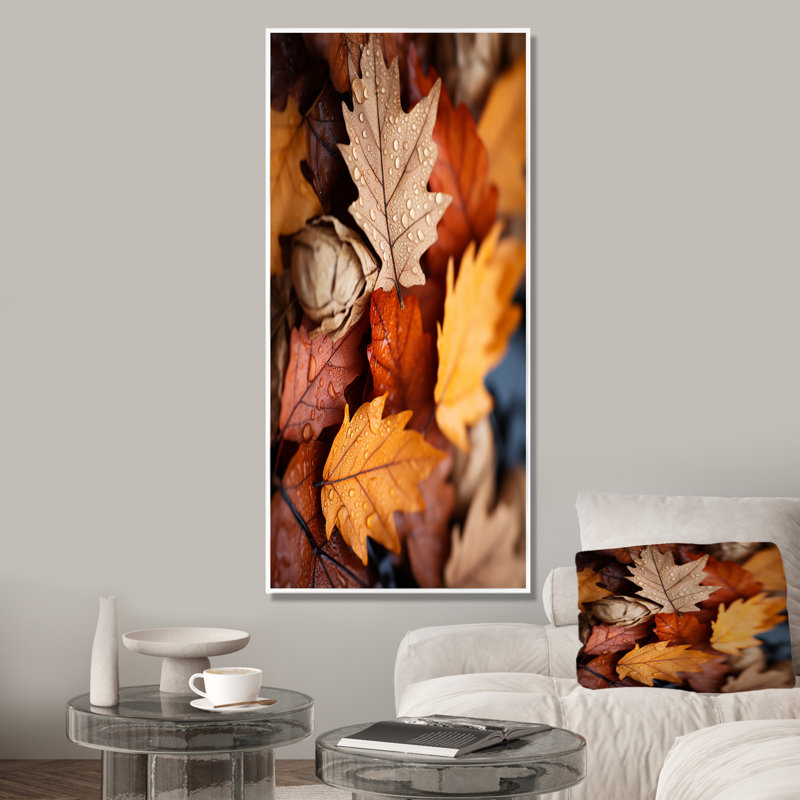 «Yellow and Orange Autumn Mapple Leaves 2» - art mural feuilles, Cadre flottant blanc, H 20 po x l 12 po