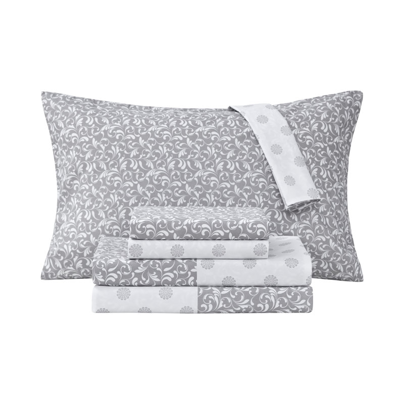 Medallion Scroll Grey 6 Piece Full Sheet Set, Twin Sheet Set + 2 Additional pieces