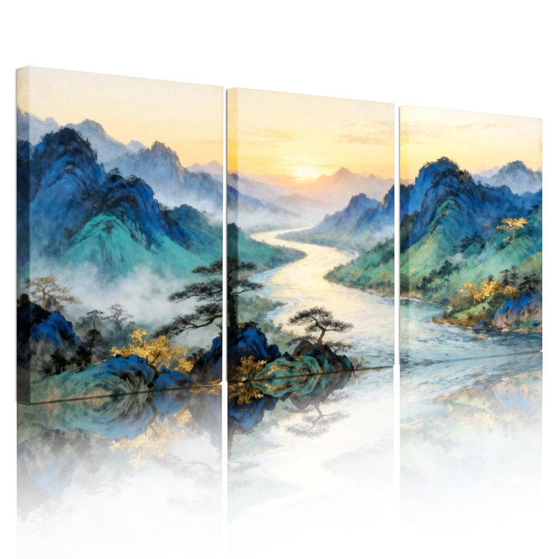 Tableau sur toile tendue représentant un paysage chinois de montagne et de rivière (ensemble de 3), H 36 po x l 72 po